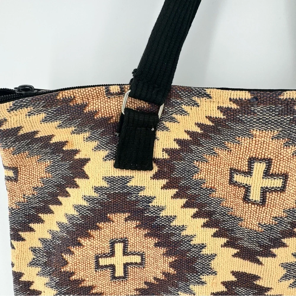 El Paso‎ Saddle Blanket Beige Brown Southwestern Aztec Print Zip Tote Bag Woven